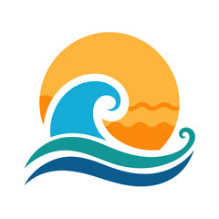 Splashing ocean curl and setting sun illustration on transparent background for web and graphic design