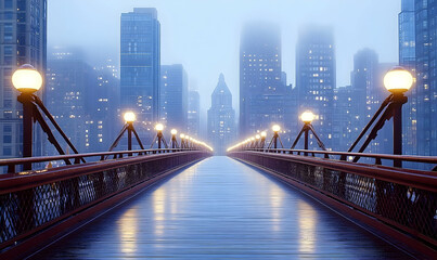 Foggy Cityscape View from a Bridge with Glowing Lights and Refle