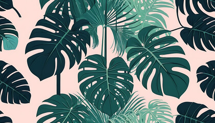 Lush Tropical Leaf Pattern: Seamless Teal and Green Monstera on Pink Background