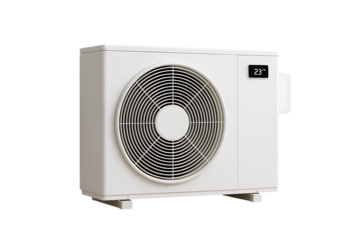 Modern white air conditioner outdoor unit with digital display isolated on transparent background