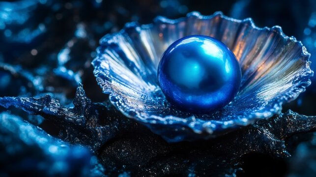 Close-up of a lustrous blue pearl nestled in a shimmering shell, resting on a dark, textured surface.