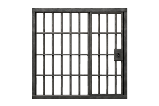 Metal jail prison cell gate with lock isolated on transparent background