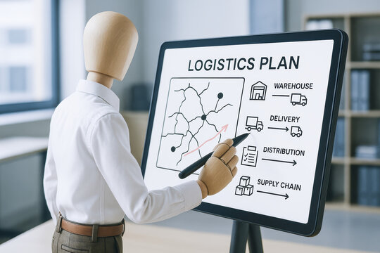Strategic planning and analysis drive efficient movement goods through warehousing delivery and supply chain tasks shown on a digital board