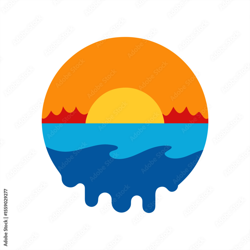 Poster stylized sunset dipping into ocean curl vector art on transparent background for web and graphic des