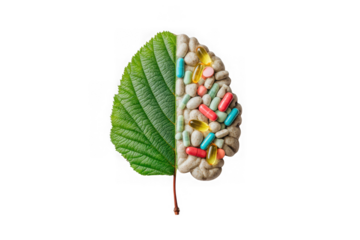 Green leaf and brain shaped pills representing natural vs pharmaceutical brain health isolated on transparent background