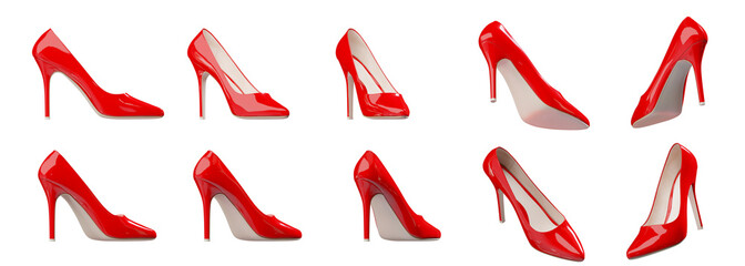 Obraz premium Visual presentation of red women’s scarpin pump. Multiple angled views. Isolated on a transparent background. 3D illustration.