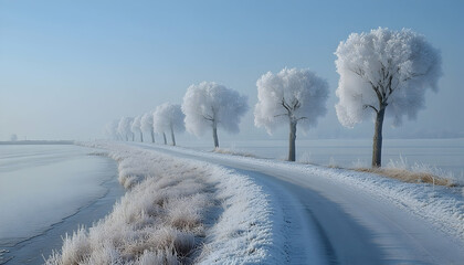 Frozen Road Lined with Hoarfrost Trees Under a Pale Blue Sky