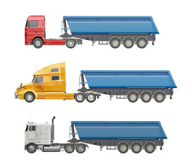 Set of trucks with dump trailers isolated on transparent background. Orthogonal side view. 3D illustration © Orange Dragon Studio