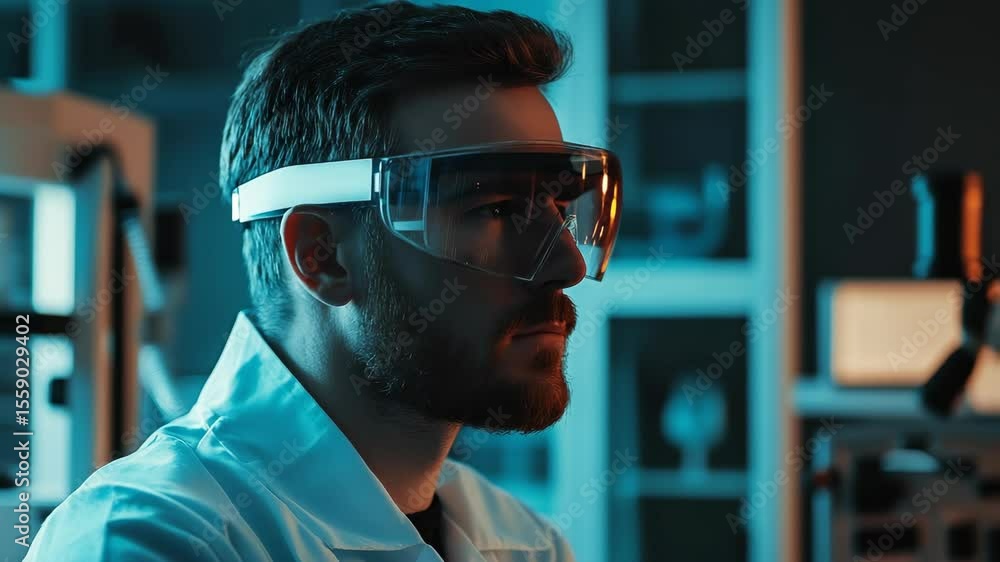 Poster a scientist wearing hi-tech glasses examines data in a lab setting. the lighting creates a futuristi