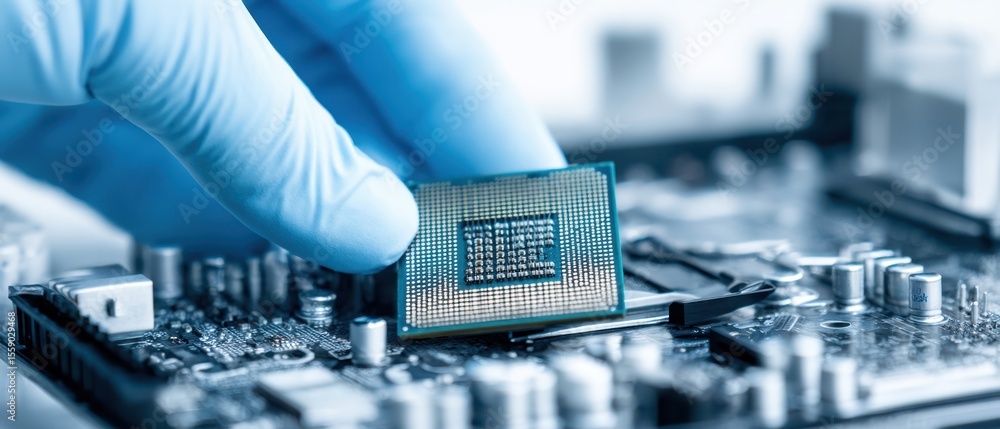 Poster the installation of a microchip on a circuit board in a laboratory setting.