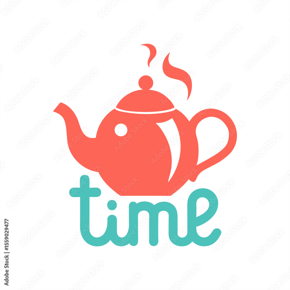 Poster tea time typography with steaming teapot illustration on transparent background for web and graphic 