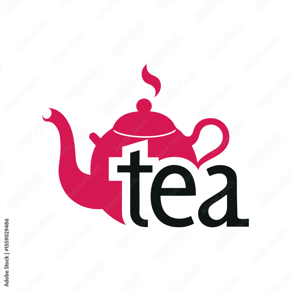 Poster tea typography design with steaming teapot illustration on transparent background for web and graphi