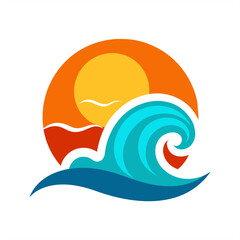 Sunset scene with wave curl and splashes vector on transparent background for web and graphic design