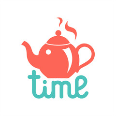 Tea time typography with steaming teapot illustration on transparent background for web and graphic design