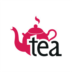 Tea typography design with steaming teapot illustration on transparent background for web and graphic design