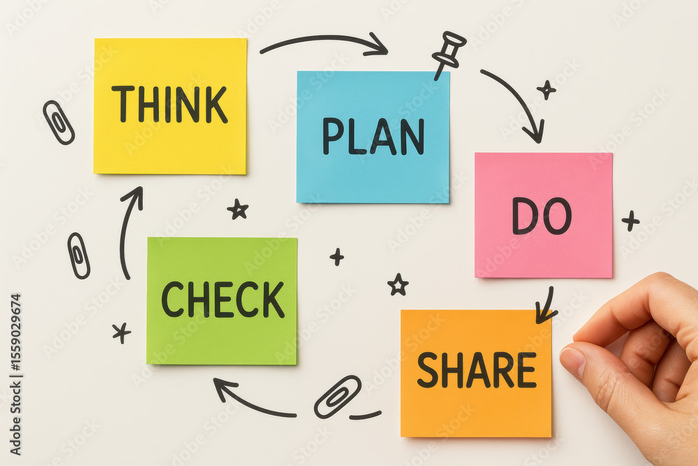 Poster a strategic workflow is illustrated with labeled sticky notes guiding the process from idea generati