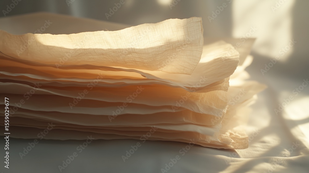 Poster soft light filters through delicate layers of handmade paper stacked on a table in a cozy workspace 