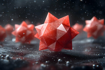 Red Geometric Star Cluster on Textured Surface with Bokeh Lights