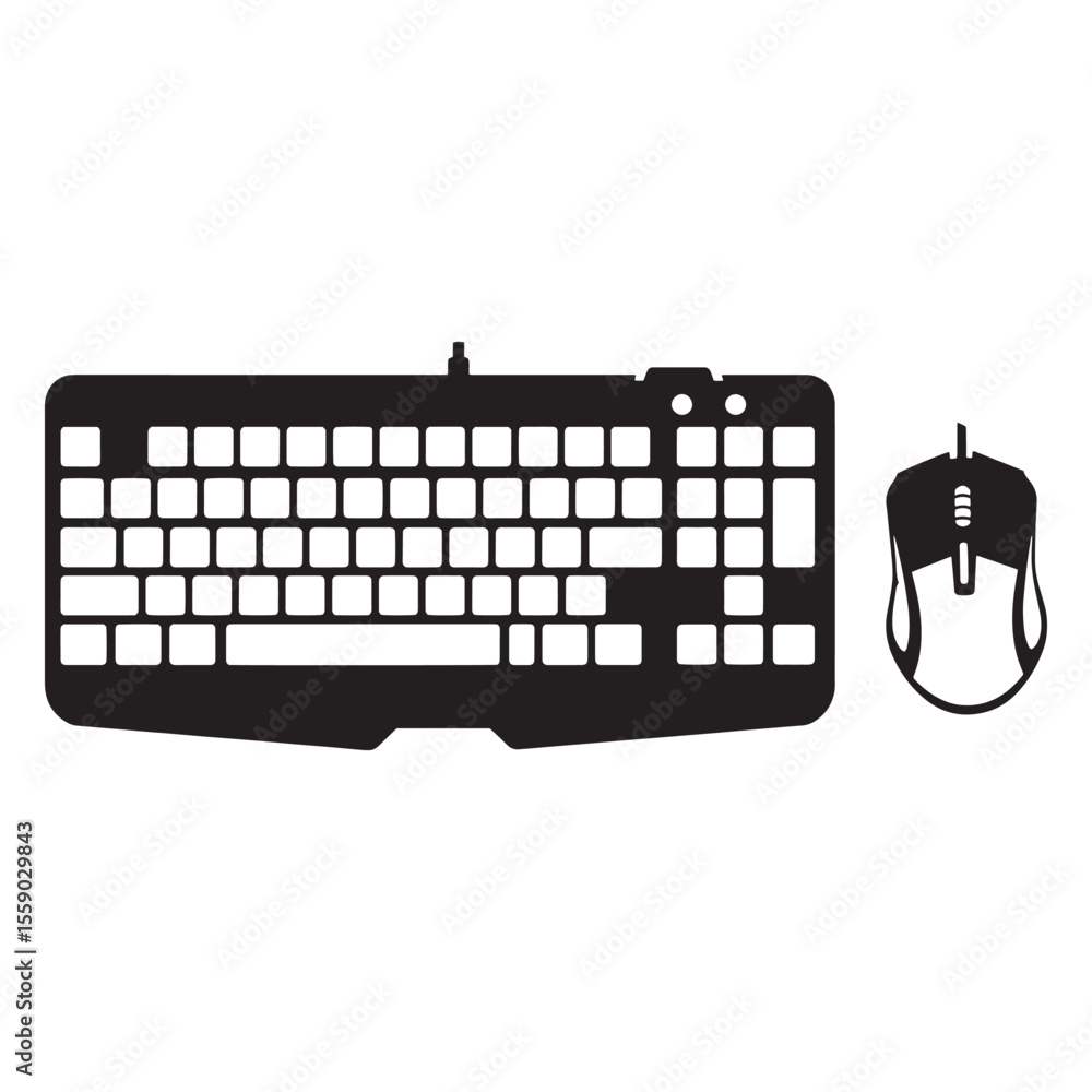 Fototapete Black and white illustration of a keyboard and a mouse for computer input and design.