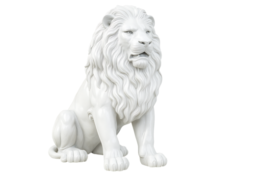 White lion statue with majestic mane isolated on transparent background