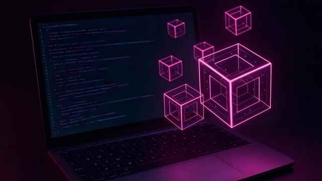 Coding tutorial with glowing cubes and laptop for software development and programming learning tips