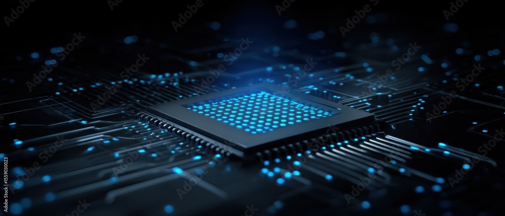 Poster the microchip showcasing advanced technology on a glowing circuit board.