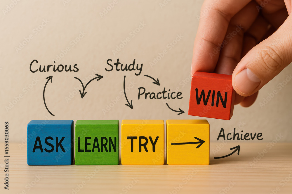 Poster a arranges colorful blocks illustrating the progression from curiosity and learning through practice