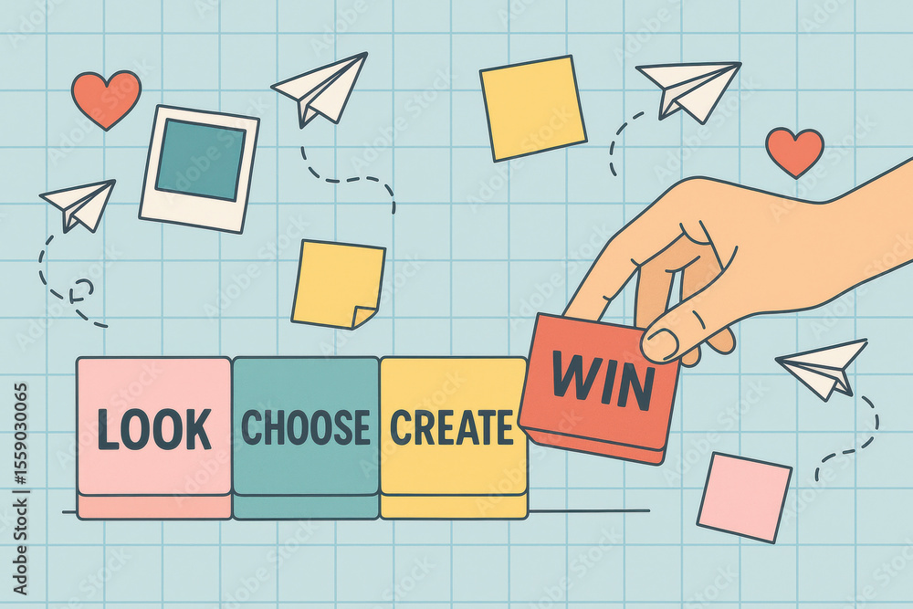 Poster a arranging colorful blocks symbolizing vision decision-making creativity and achievement against a 