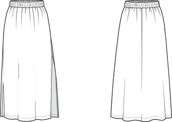 Technical flat sketch of a women's midi length skirt with an elasticated waistband and side slit detail, shown in front and back views, ideal for fashion design, apparel, and pattern making