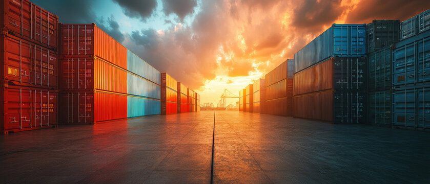 Sunset over industrial shipping containers at port with dramatic sky and vibrant colors
