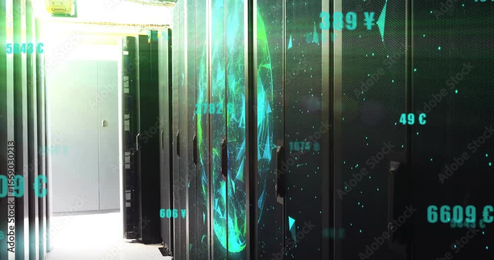 Poster holographic globe emerging in data center corridor rotating while visualizing € and c values