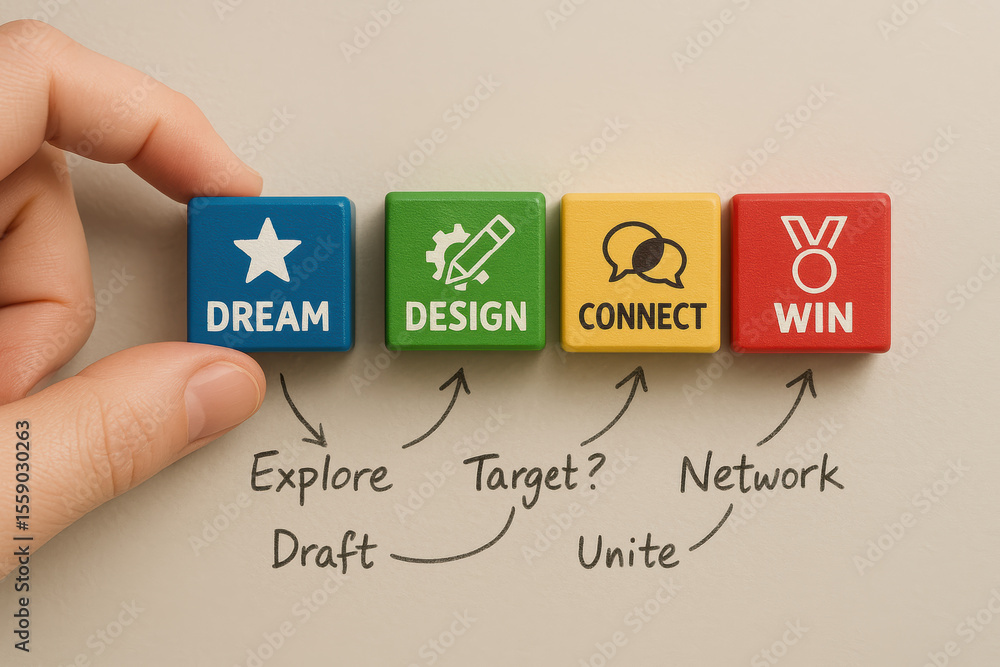Poster a arranges colorful cubes symbolizing dreaming designing and connecting as key steps toward achievin