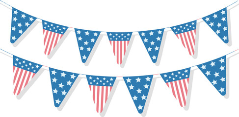 Fototapeta premium Vector art of two rows of american flag bunting with shadow, isolated on transparent background