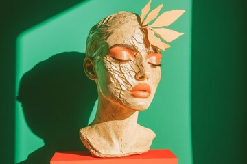 Artistic sculpture of woman's bust with leaf accents on vibrant green background