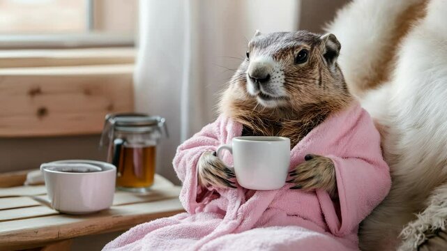 A cute groundhog in a pink robe holds a cup of tea in a cozy setting in a room with soft textures and a warm atmosphere that represents a playful and relaxed atmosphere. Groundhog Day
