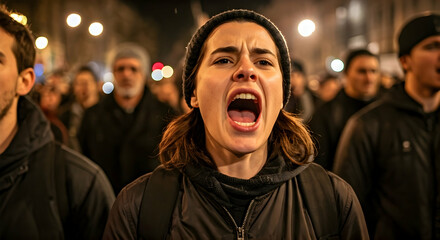 Intense woman shouts amidst a blurred crowd at night conveying powerful emotion for protest activism news or dramatic storytelling applications