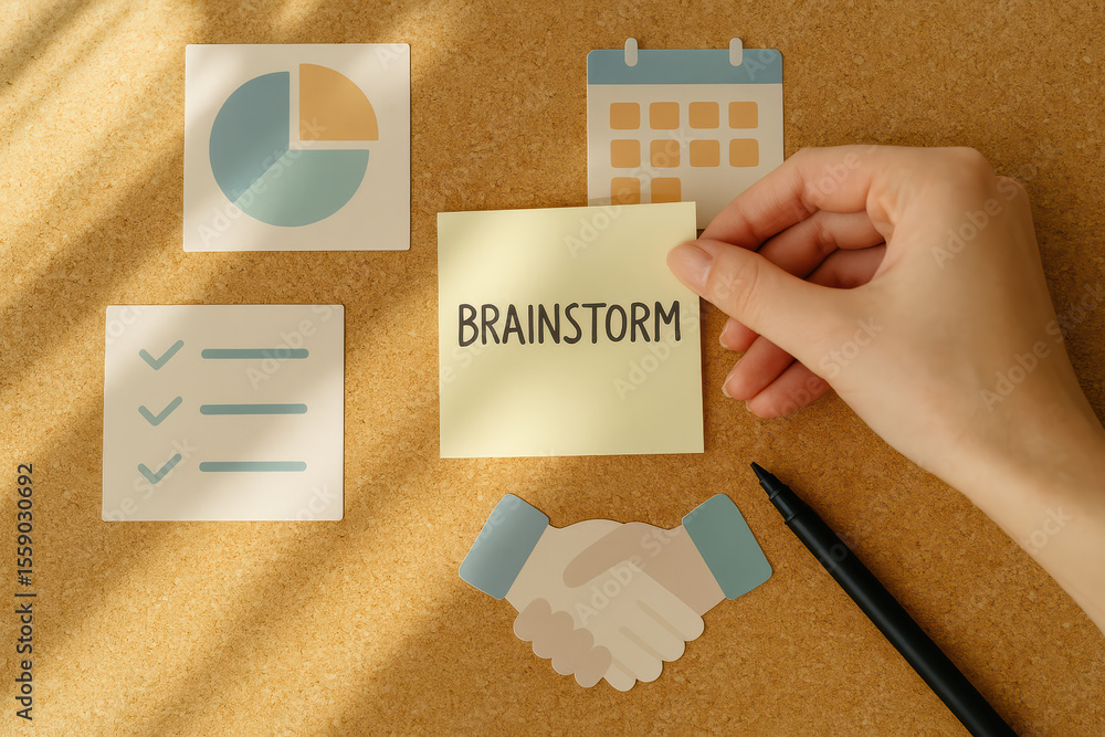 Poster a business strategy session is visualized with a placing a note on a corkboard amid icons representi