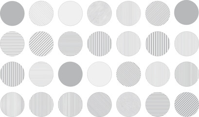 Collection of Gray and White Striped Circles, Diverse Line Patterns and Angles, Isolated on White, Modern Minimalist Geometric Abstract Background Elements for Design and Decoration