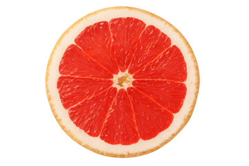 Ripe grapefruit slice exposing vibrant, glistening citrus segments on clean transparent backdrop