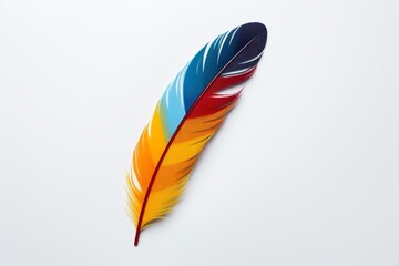 Brightly colored feather lying on a white background represents concepts of freedom, imagination and creativity