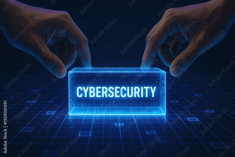 Poster the depicts digital protection as two hands engage in securing a glowing block on a futuristic data 