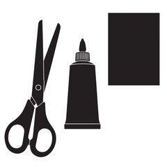 Obraz premium Black and white illustration of scissors glue tube and a rectangular piece of paper