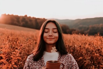 Young woman enjoying coffee in autumn field at sunset
