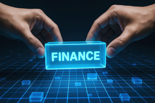 Two hands carefully pick up a glowing digital block representing finance on a futuristic grid highlighting business strategy and innovation