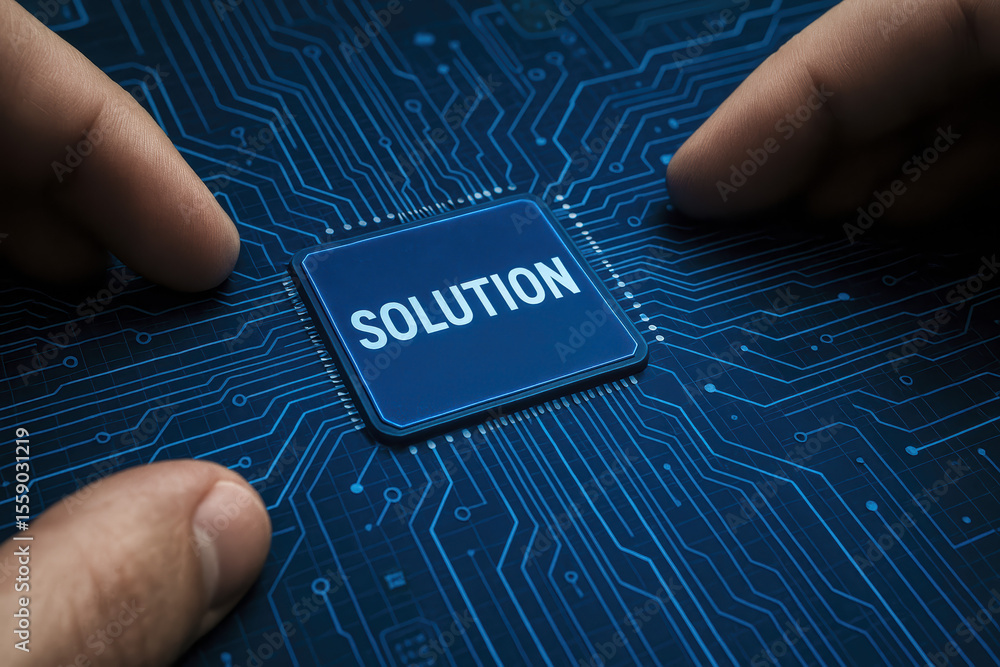 Poster innovation and strategy drive digital progress as two hands connect a solution chip within a complex