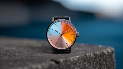 A stylish analog wristwatch with an orange and blue gradient dial rests on a dark stone surface