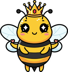 Adorable Queen Bee Cartoon with Crown and Heart Hands – Cute Kawaii Flying Insect Character for Kids and Nursery Art