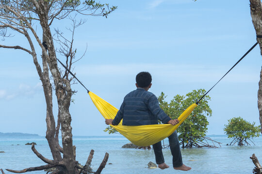 Man relaxing in a hammock among mangrove trees over the water on a tropical island. Man relaxing in a hammock on a tropical island beach