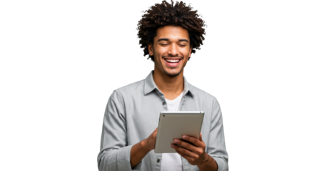 Person Using Tablet Smiling with Joyful Expression