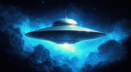 Obraz premium Flying saucer against a backdrop of bright blue nebula clouds